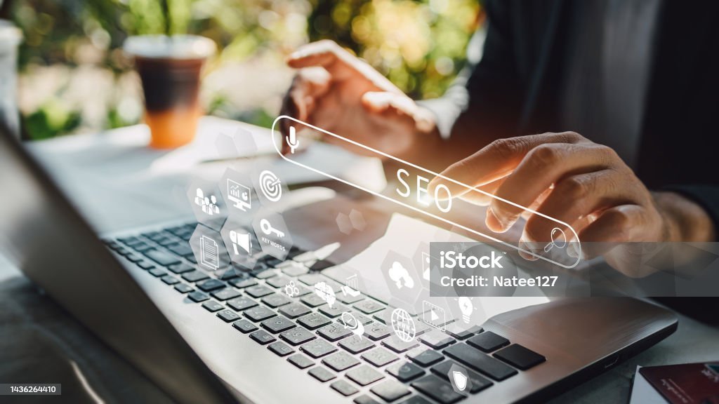 Person working with search engine optimization : SEO with social media content and advertisement from website.